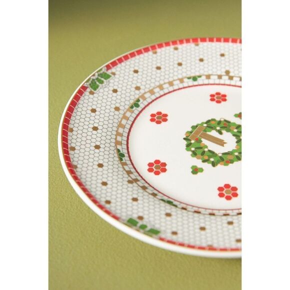 Anthropologie Festive Bistro Tile Dessert Plate Wreath Red NEW x 3 plates - Picture 2 of 3